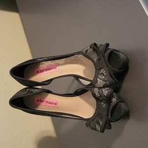 Betsey Johnson black lace stiletto heels with bow. Never worn.